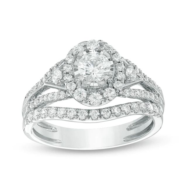 Previously Owned - 1 CT. T.w. Diamond Frame Tri-Sides Split Shank Bridal Set in 14K White Gold