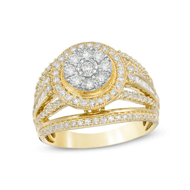 Previously Owned - 1 CT. T.w. Composite Diamond Double Frame Multi-Row Vintage-Style Engagement Ring in 10K Gold