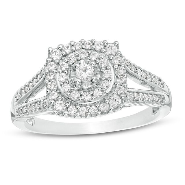 Previously Owned - 1/2 CT. T.w. Diamond Cushion Frame Split Shank Ring in 10K White Gold