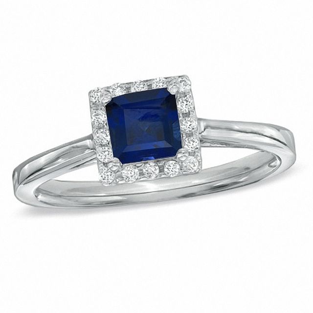 Previously Owned - Princess-Cut Lab-Created Blue Sapphire and 1/7 CT. T.w. Diamond Engagement Ring in 10K White Gold