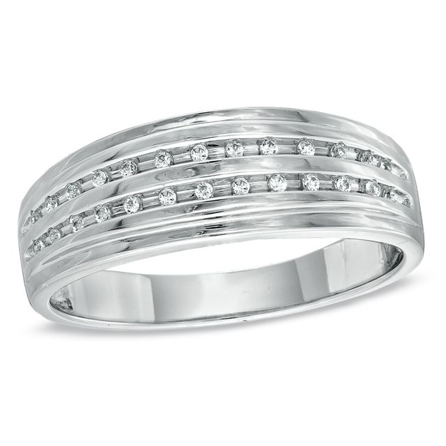 Previously Owned - Men's 1/15 CT. T.w. Diamond Double Row Wedding Band in Sterling Silver