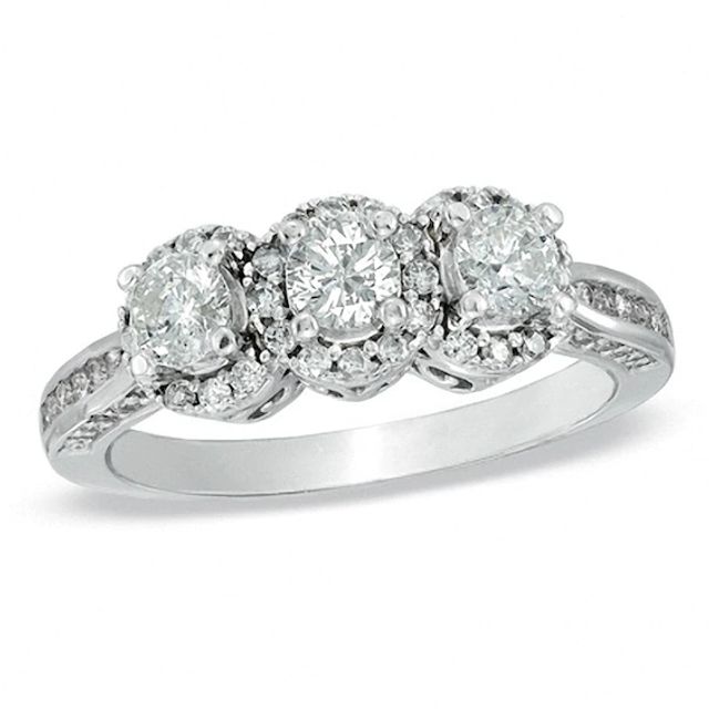 Previously Owned - 1 CT. T.w. Diamond Three Stone Frame Ring in 10K White Gold