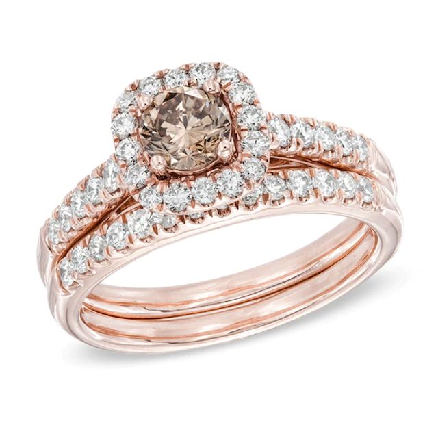 Previously Owned - 1-1/4 CT. T.w. Champagne and White Diamond Frame Bridal Set in 14K Rose Gold