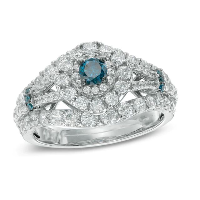 Previously Owned - 1-1/2 CT. T.w. Enhanced Blue and White Diamond Double Frame Engagement Ring in 10K White Gold