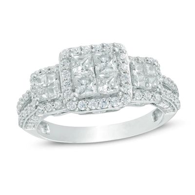 Previously Owned - 1-1/2 CT. T.w. Quad Diamond Frame Past Present FutureÂ® Engagement Ring in 14K White Gold