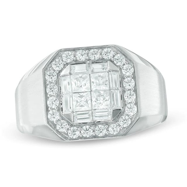 Previously Owned - Men's 1-1/2 CT. T.w. Square-Cut Quad Diamond Double Cushion Frame Ring in 14K White Gold