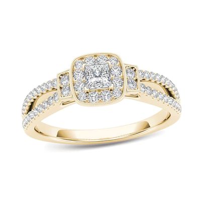 Previously Owned - 1/2 CT. T.w. Princess-Cut Diamond Frame Collared Vintage-Style Engagement Ring in 14K Gold