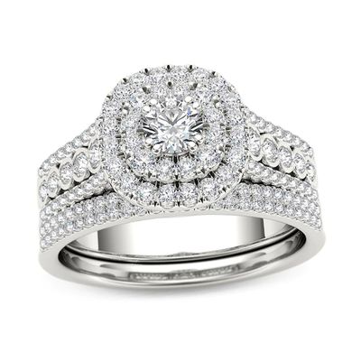 Previously Owned - 1 CT. T.w. Diamond Double Cushion Frame Multi-Row Bridal Set in 14K White Gold