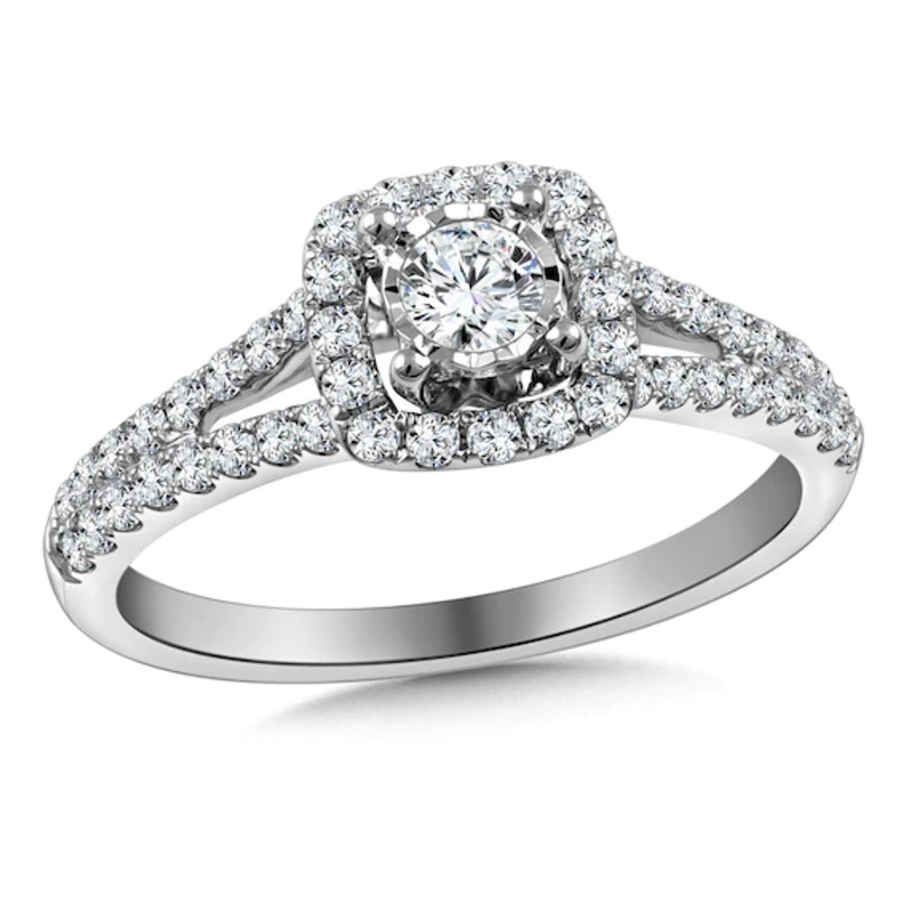 Previously Owned - 5/8 CT. T.w. Diamond Cushion Frame Split Shank Engagement Ring in 10K White Gold