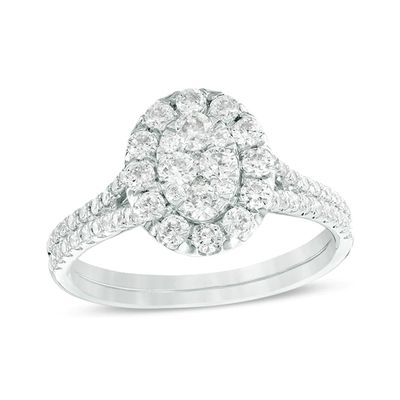 Previously Owned - 1 CT. T.w. Composite Diamond Oval Frame Engagement Ring in 14K White Gold