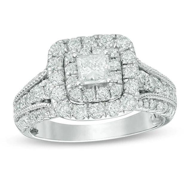 Previously Owned - 1-1/2 CT. T.w. Princess-Cut Diamond Double Frame Vintage-Style Engagement Ring in 14K White Gold