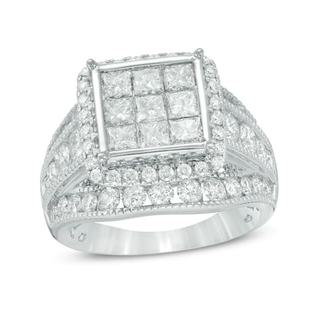 Previously Owned - 3 CT. T.w. Composite Princess-Cut Diamond Three Row Engagement Ring in 14K White Gold