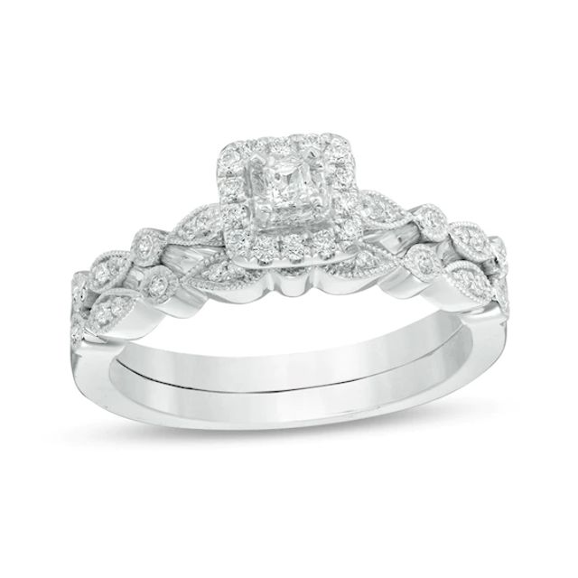 Previously Owned - 3/8 CT. T.w. Princess-Cut Diamond Frame Vintage-Style Bridal Set in 10K White Gold