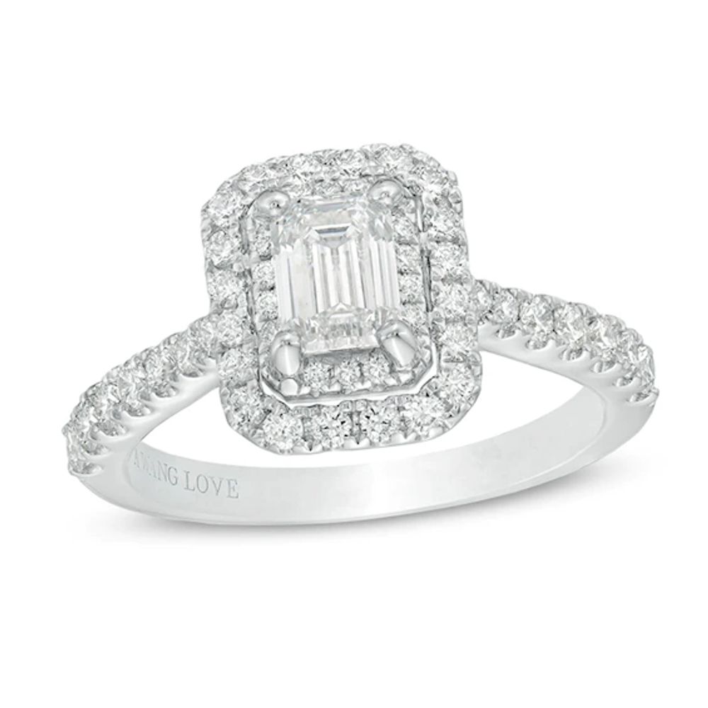Previously Owned - Vera Wang Love Collection 1-1/3 CT. T.w. Emerald-Cut Diamond Double Frame Engagement Ring in 14K White Gold