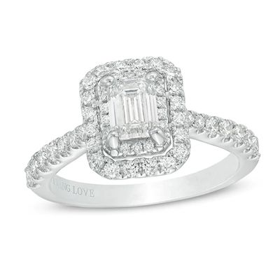 Previously Owned - Vera Wang Love Collection 1-1/3 CT. T.w. Emerald-Cut Diamond Double Frame Engagement Ring in 14K White Gold
