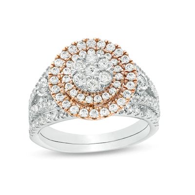 Previously Owned - 1-1/5 CT. T.w. Composite Diamond Double Frame Bridal Set in 10K Two-Tone Gold