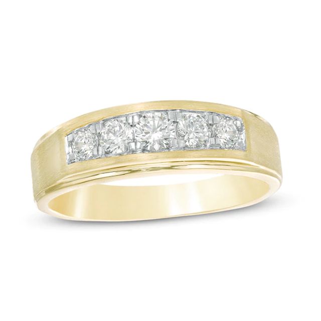 Previously Owned - Men's 1/2 CT. T.w. Diamond Five Stone Beveled-Edge Satin Wedding Band in 10K Gold