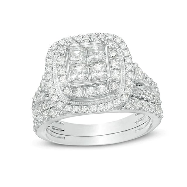 Previously Owned - 2 CT. T.w. Quad Princess-Cut Diamond Double Frame Vintage-Style Bridal Set in 14K White Gold