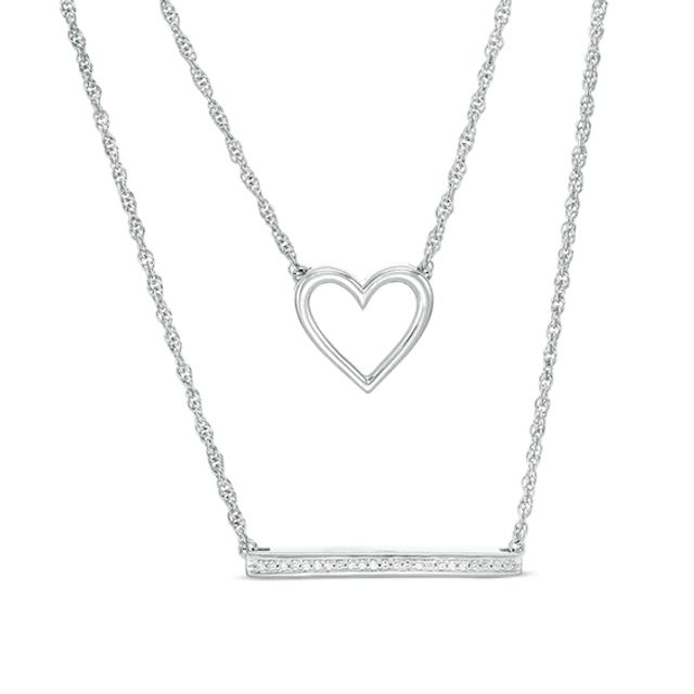 Previously Owned - 1/15 CT. T.w. Diamond Heart Outline and Bar Double Strand Necklace in Sterling Silver - 20"