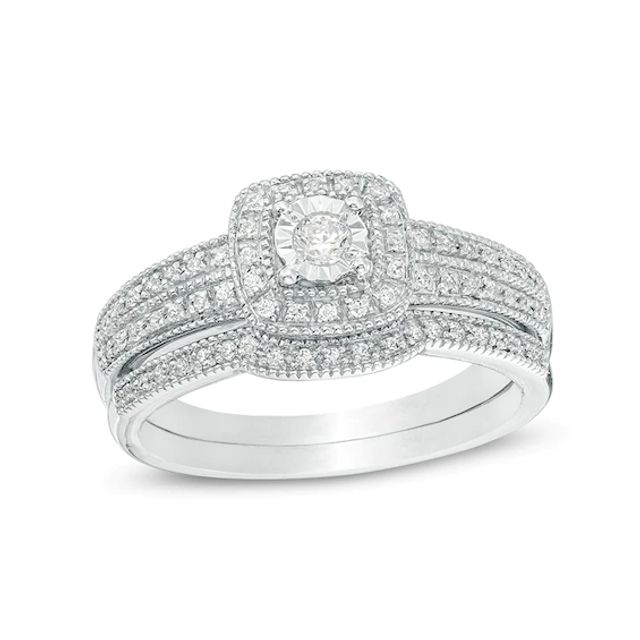 Previously Owned - 1/5 CT. T.w. Diamond Cushion Frame Vintage-Style Bridal Set in 10K White Gold