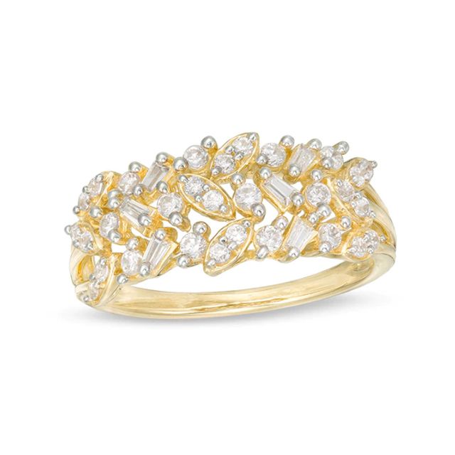 Previously Owned - 1/2 CT. T.w. Baguette and Round Diamond Multi-Row Geometric Ring in 10K Gold