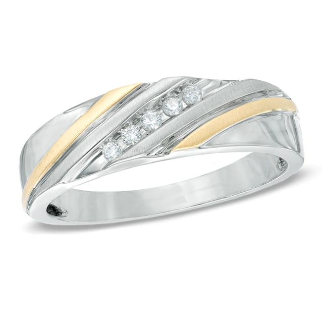 Previously Owned - Men's 1/10 CT. T.w. Diamond Slant Wedding Band in 10K Two-Tone Gold