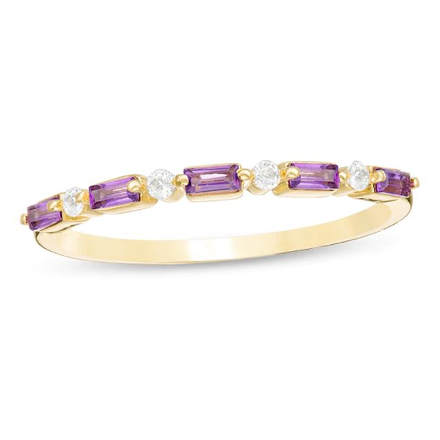 Previously Owned - Baguette Amethyst and White Topaz Alternating Five Stone Stackable Ring in 10K Gold