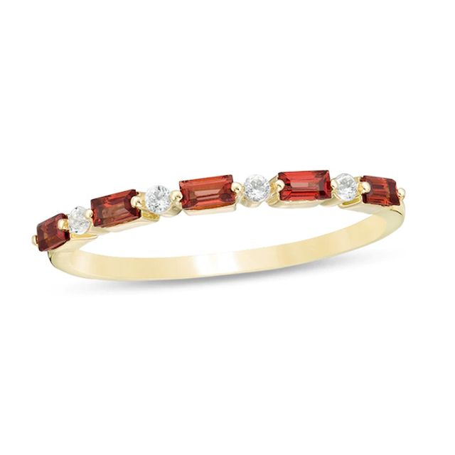 Previously Owned - Baguette Garnet and White Topaz Alternating Five Stone Stackable Ring in 10K Gold