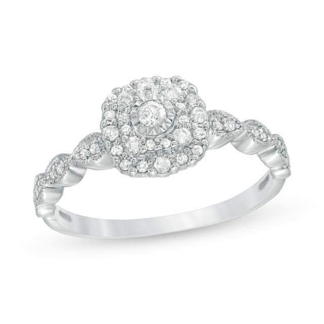 Previously Owned - 1/4 CT. T.w. Diamond Double Cushion Frame Vintage-Style Engagement Ring in 10K White Gold