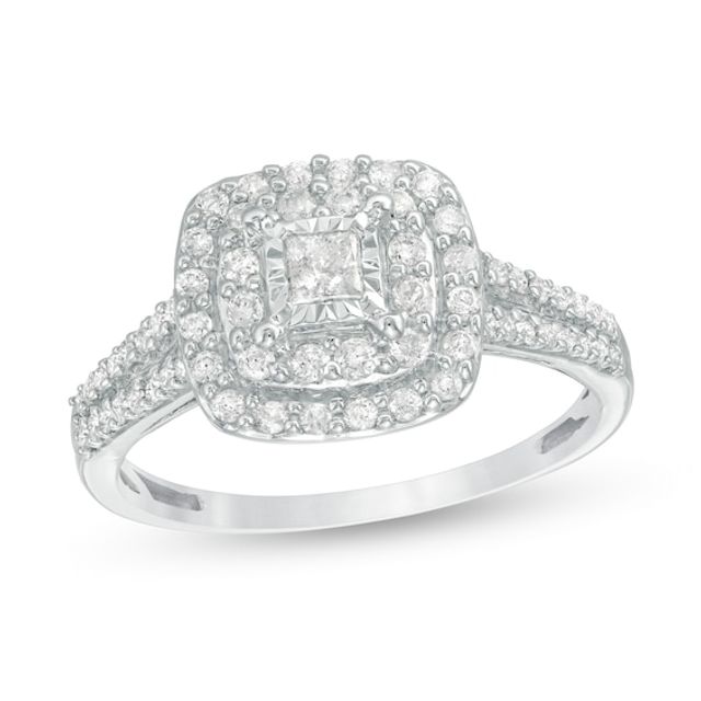 Previously Owned - 1/2 CT. T.w. Princess-Cut Diamond Double Frame Engagement Ring in 10K White Gold