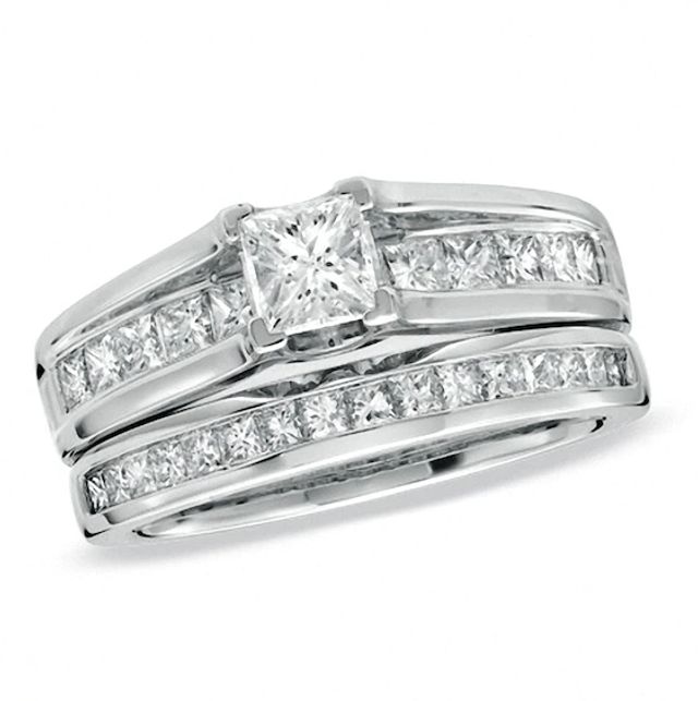 Previously Owned - 1-1/2 CT. T.w. Princess-Cut Diamond Bridge Bridal Set in 14K White Gold