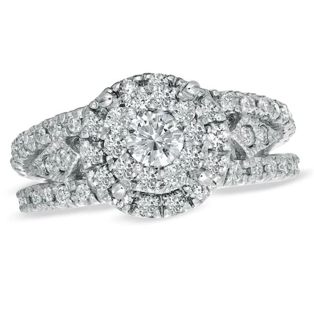 Previously Owned - 1 CT. T.w. Diamond Cluster Split Shank Engagement Ring in 14K White Gold