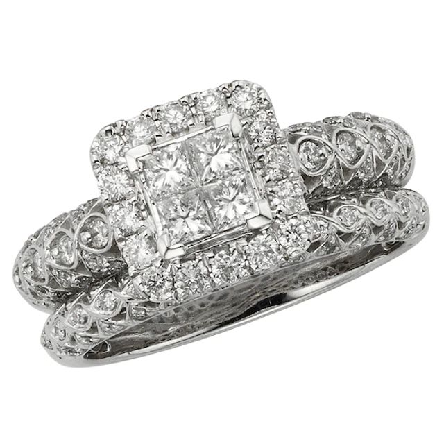 Previously Owned - 1 CT. T.w. Princess-Cut Quad Diamond Bridal Set in 14K White Gold (I/I2)