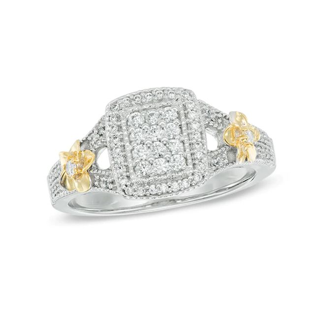 Previously Owned - 1/3 CT. T.w. Rectangular Composite Diamond Frame Double Flower Ring in 10K Two-Tone Gold