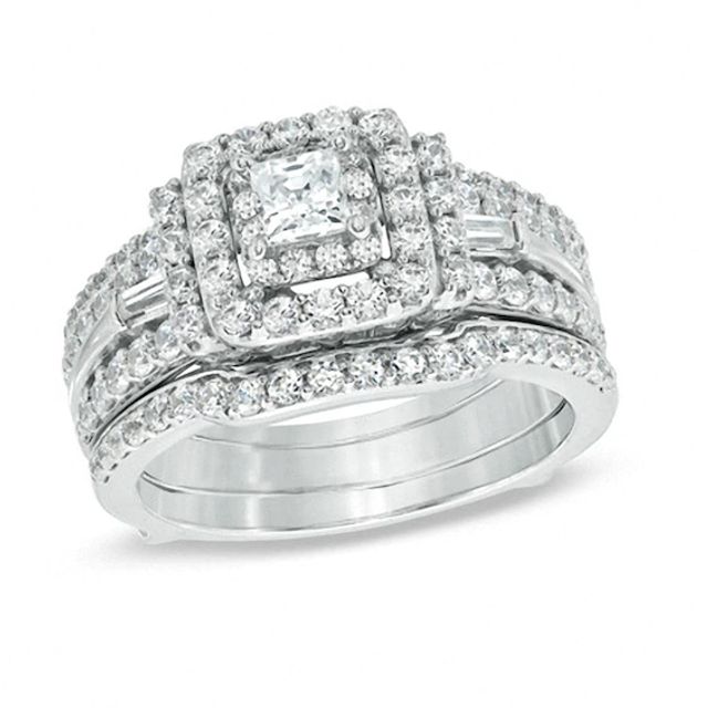 Previously Owned - 1-1/2 CT. T.w. Princess-Cut Diamond Double Frame Bridal Set in 14K White Gold