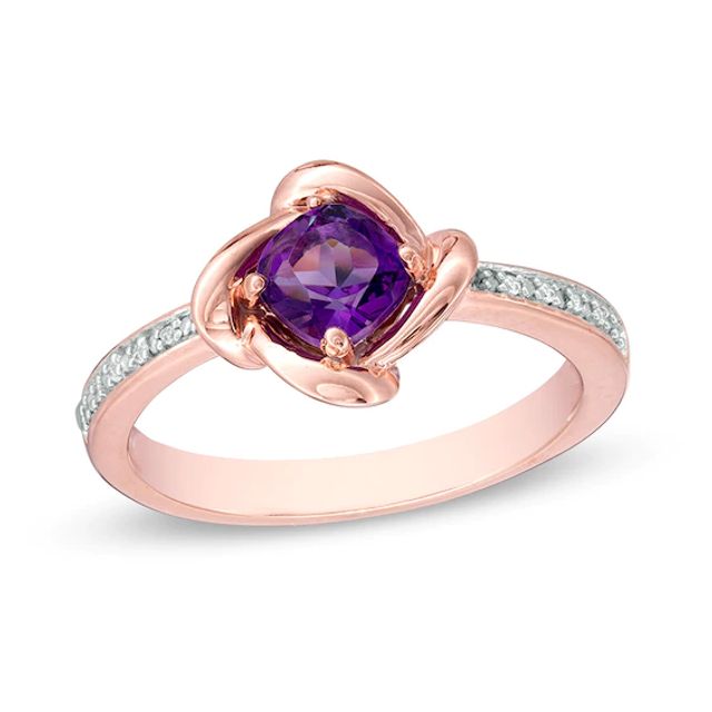 Previously Owned - 5.0mm Cushion-Cut Amethyst and Diamond Accent Tilted Swirl Frame Ring in 10K Rose Gold