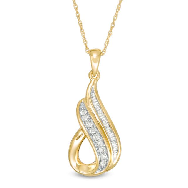 Previously Owned - 1/5 CT. T.w. Baguette and Round Diamond Teardrop Pendant in 10K Gold