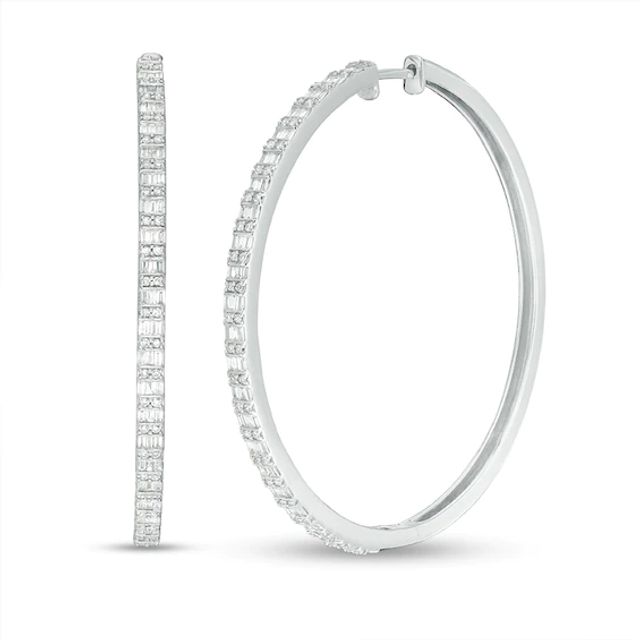 Previously Owned - 1 CT. T.w. Baguette and Round Diamond Alternating Double Row Hoop Earrings in 10K White Gold