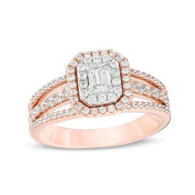 Previously Owned - Celebration Ideal 1 CT. T.w. Emerald-Cut Diamond Frame Engagement Ring in 14K Two-Tone Gold