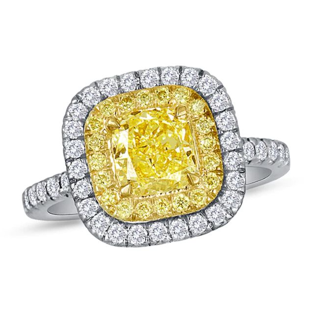 Previously Owned - 1 CT. T.w. Yellow Cushion-Cut Diamond Frame Engagement Ring in Platinum and 18K Gold (Si2)