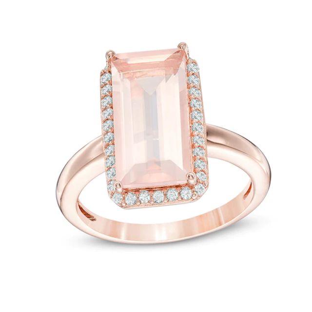 Previously Owned - Emerald-Cut Rose Quartz and Lab-Created White Sapphire Frame Ring in 10K Rose Gold