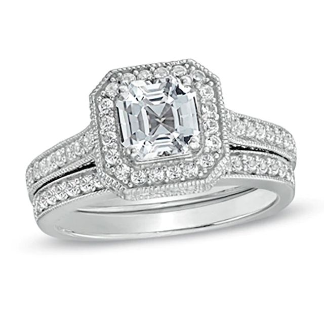 Previously Owned - 6.0mm Asscher-Cut Lab-Created White Sapphire Bridal Set in Sterling Silver