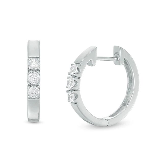 Previously Owned - 3/8 CT. T.w. Diamond Three Stone Hoop Earrings in 10K White Gold