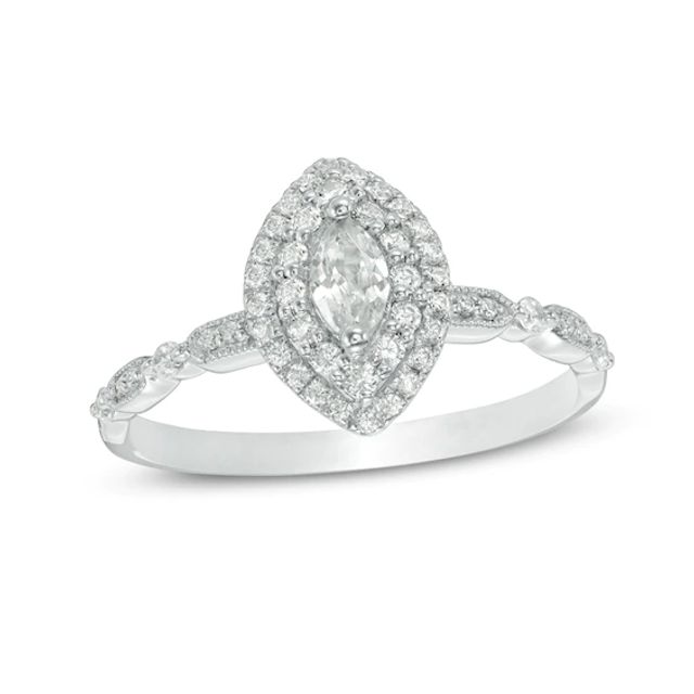 Previously Owned - 1/2 CT. T.w. Marquise Diamond Double Frame Vintage-Style Engagement Ring in 14K White Gold