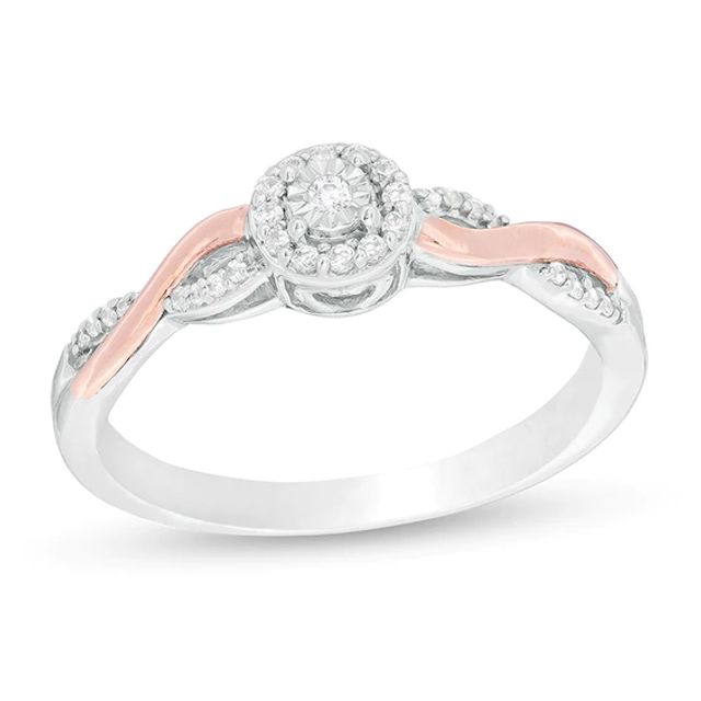 Previously Owned - 1/8 CT. T.w. Diamond Frame Twist Shank Promise Ring in Sterling Silver and 10K Rose Gold