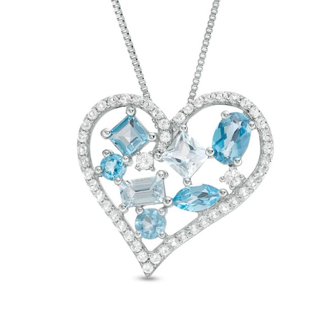 Previously Owned - Multi-Shaped London, Swiss and Sky Blue and White Topaz Cluster Heart Pendant in Sterling Silver