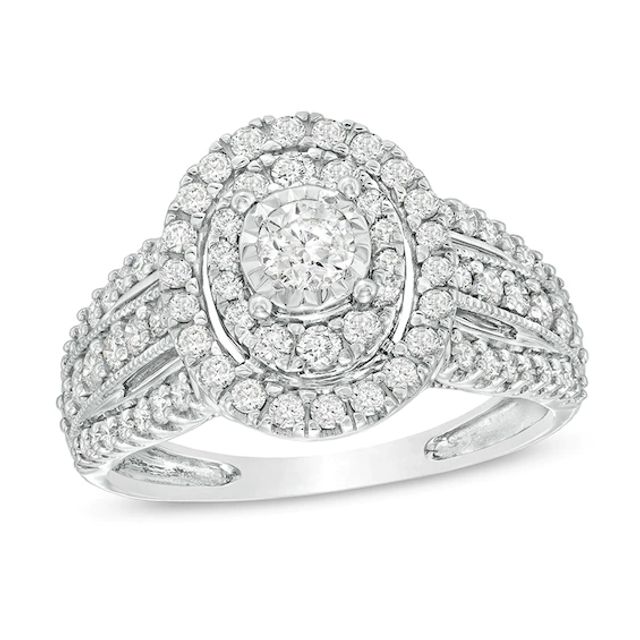 Previously Owned - 1 CT. T.w. Diamond Double Oval Frame Vintage-Style Engagement Ring in 10K White Gold