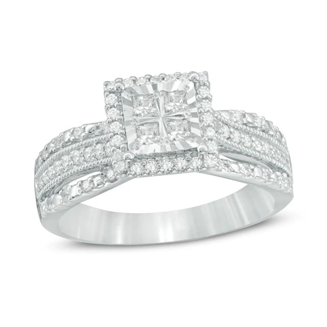 Previously Owned - 1/2 CT. T.w. Quad Princess-Cut Diamond Frame Vintage-Style Engagement Ring in 10K White Gold