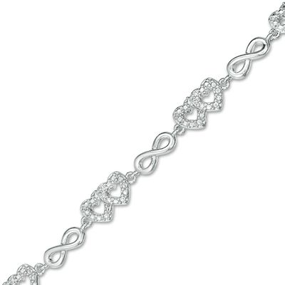 Previously Owned - 1/10 CT. T.w. Diamond Alternating Double Heart and Infinity Bracelet in Sterling Silver - 7.25"