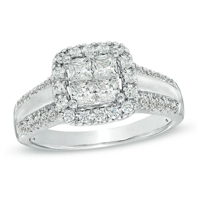 Previously Owned - 1 CT. T.w. Princess-Cut Quad Diamond Frame Engagement Ring in 14K White Gold